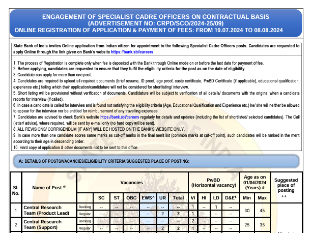 SBI Specialist Cadre Officer Recruitment 2024 Notification