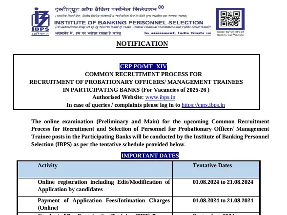 IBPS CRP PO/MT-XIV Notification 2024 