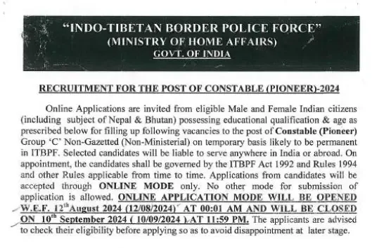 ITBP Constable (Pioneer) Recruitment 2024 Notification